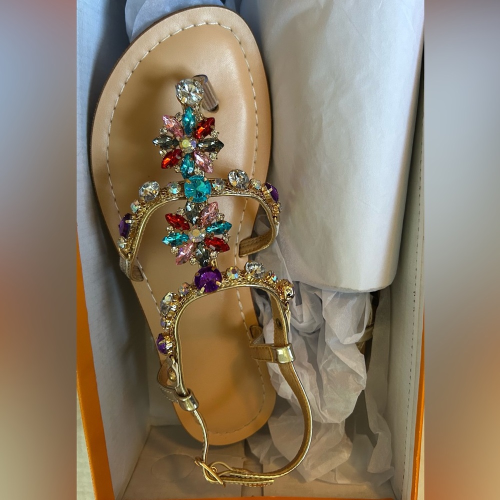 Embellished Multi-Stone Gold Sandals